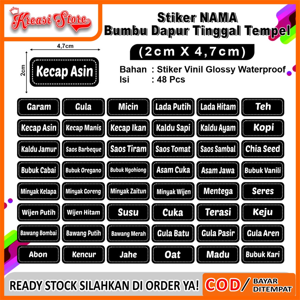 

Stiker Label Bumbu Dapur /Organizer/ Pantry Waterproof isi 48Pcs Ready