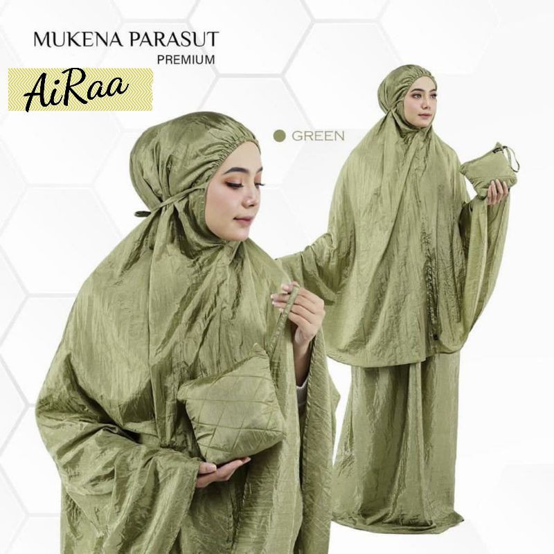 Airaa- Mukena Wanita Parasut Warna Polos Hijau Army Mint Putih Hitam Coklat Peach - Mukena Traveling