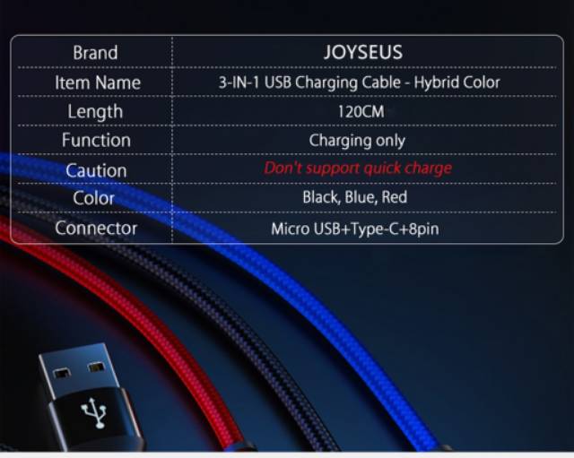 Joyseus 3 in 1 Kabel Charger Micro USB Type C iPhone Lightning - JC13