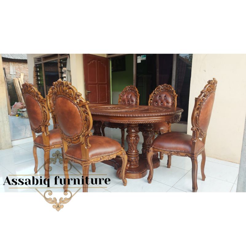 Meja makan set jati ukiran jepara mewah - Set meja makan ukir kayu jati berkualitas - Dinning set ka