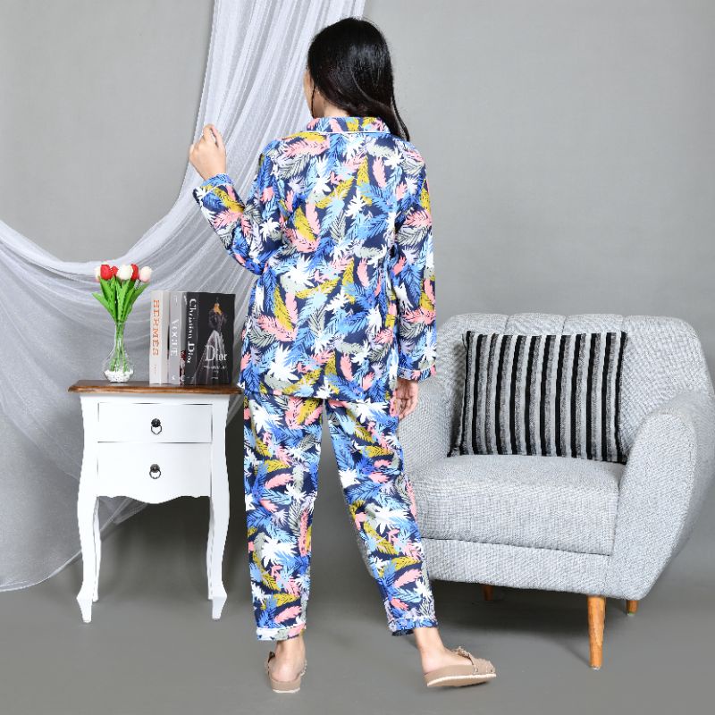 Baju Tidur Piyama Wanita/Cewek Pajamas Dewasa Katun Motif Daun Pastel PP Lengan Panjang Kekinian