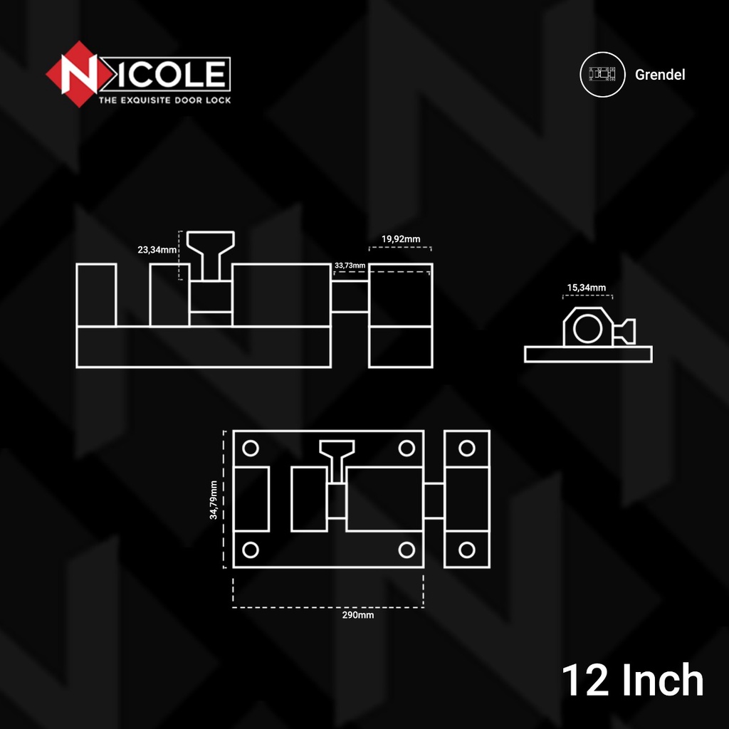 Nicole Grendel Slot Pintu Bulat Segi 6 / Hexagon Door Bolt Black/ 12 Inch