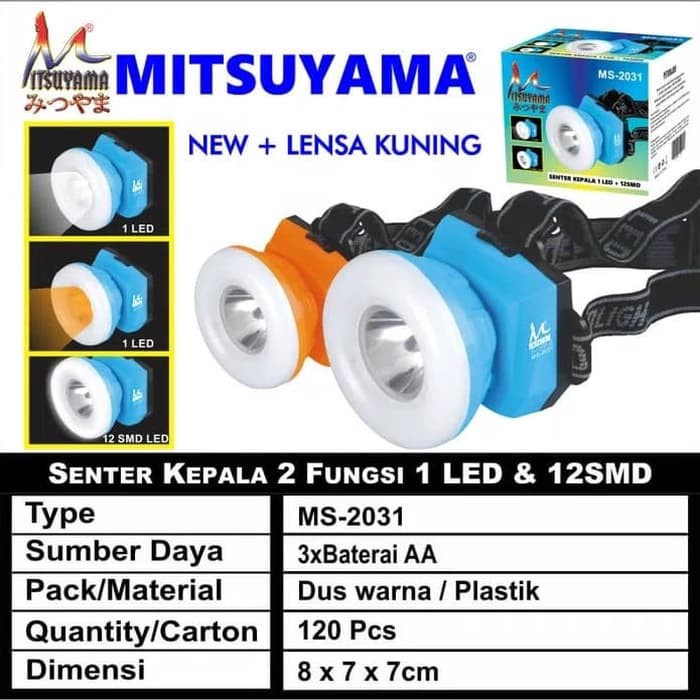 Senter Kepala Mitsuyama Putih &amp; Kuning MS-2031 Murah berkualitas Headlamp Donut 1 LED + 12 SMD