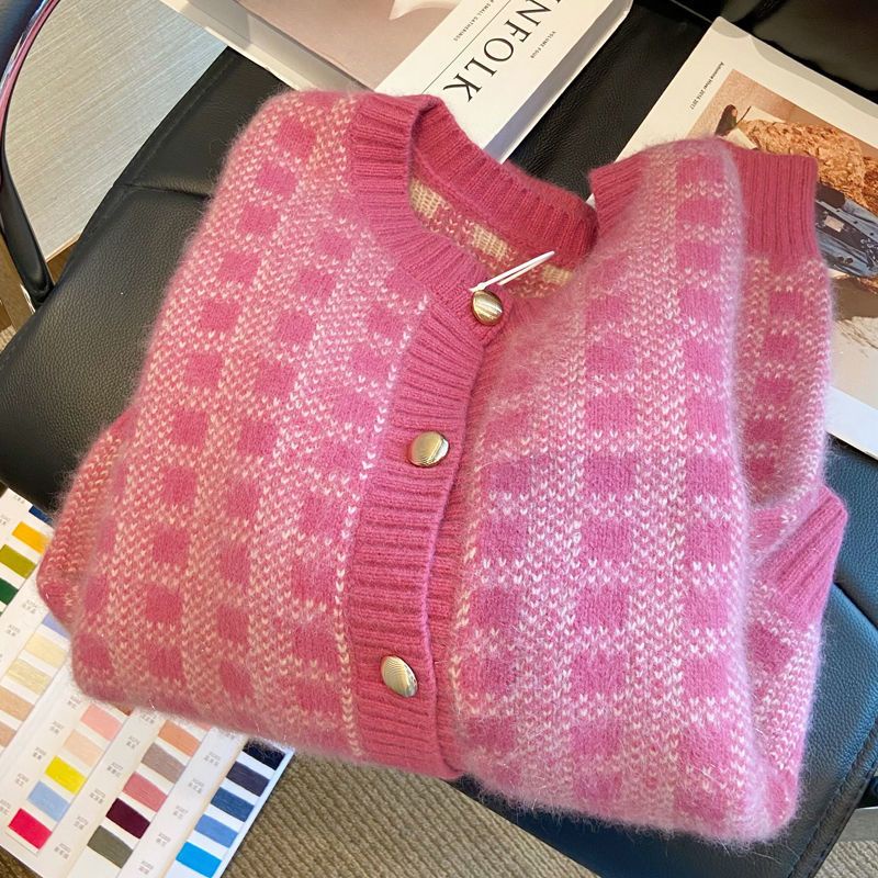 Kecil Jelas Merah Muda Kotak-kotak Jaket Rajutan Wanita Houndstooth Manis Lembut Lilin Retro In Net 