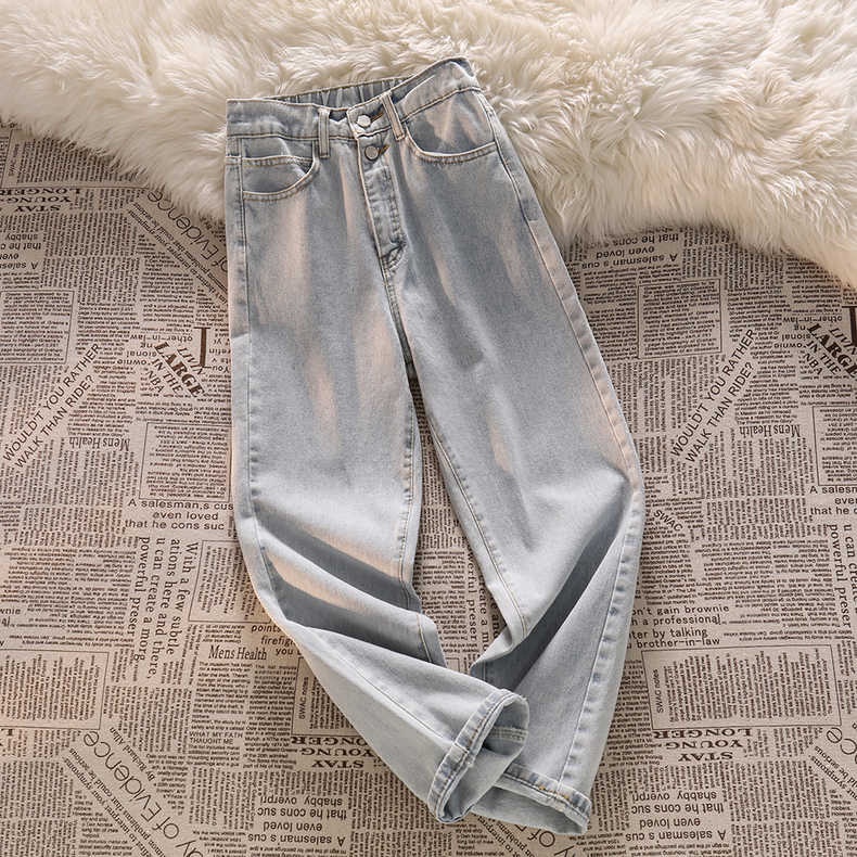 Warna Krem / Biru muda Korean Highwaist Loose Kasual Jeans Wanita