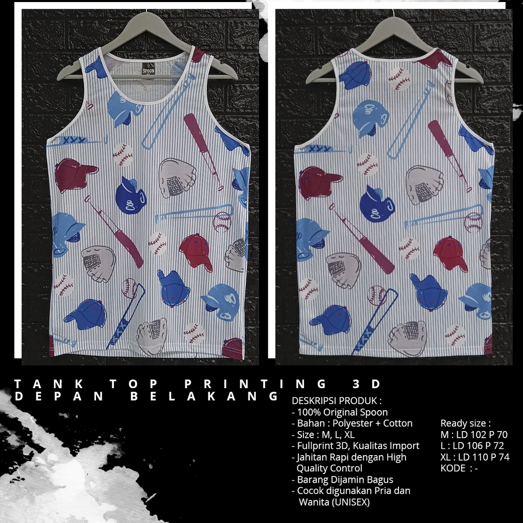 Tanktop/Singlet Pria/Wanita Dewasa | SPOON |  Olahraga/Pantai | Motif - Baseball Pattern