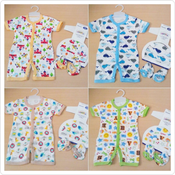 MOMO - BJ69A Set jumper pendek baby boy newborn topi laki bay