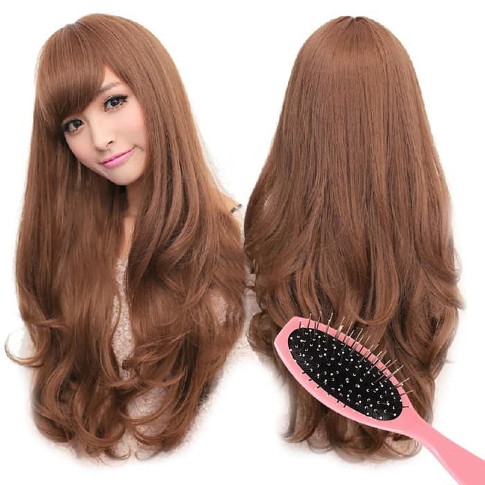 Wig blonde brown panjang ikal rambut palsu bonus sisir