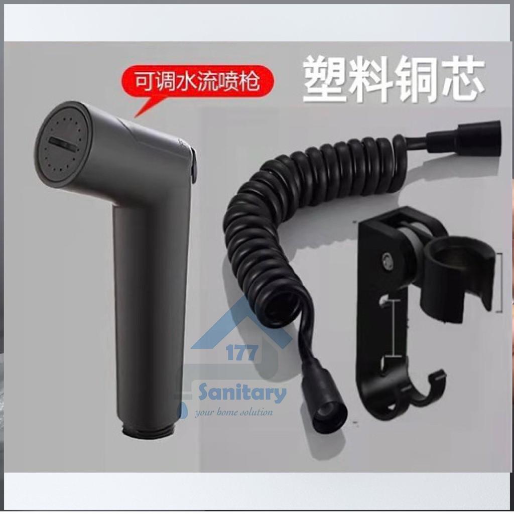 Paket Jet Shower bidet HITAM tebal JS92 &amp; stop Kran Tee black 52BL- semprotan sower cebok Kloset closet washer toilet bundling set