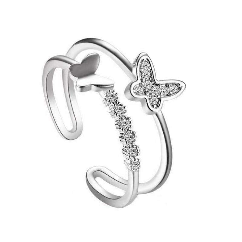 INS style silver color diamond inlay Double butterfly pattern alloy ring/ Fairy temperament Sweet opening design ring