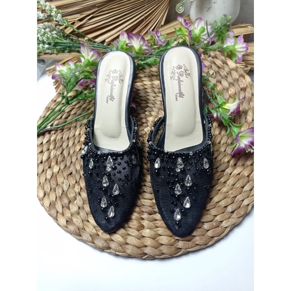 sepatu wedding sintya hitam lace brukat tinggi 7cm lancip