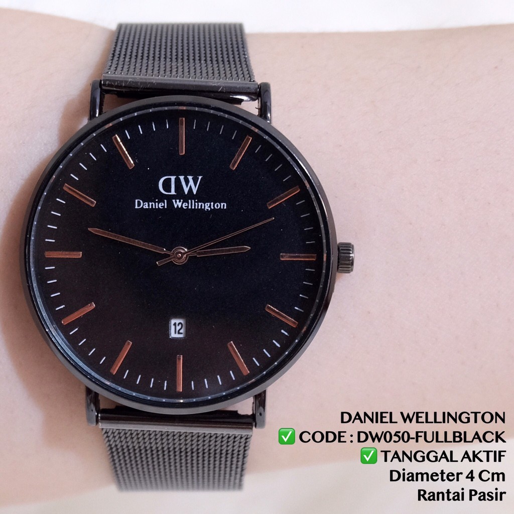 Jam tangan murah pria /  wanita / COUPLE classic rantai pasir DUA JARUM TANGGAL AKTIF DC030-FULLBLACK TGL 4CM
