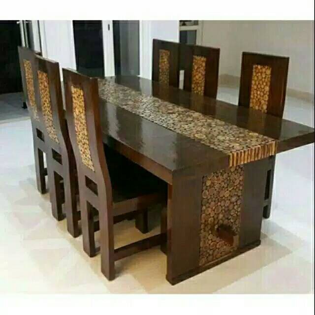 Meja makan minimalis kayu trembesi 180 x 100 + 6 kursi