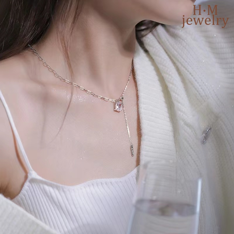 Kalung Rantai Klavikula Bahan S925 Silver Model Rumbai Bentuk Persegi Aksen Berlian