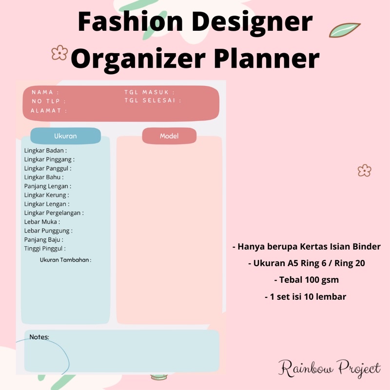 

Fashion Designer Organizer Planner Sewing Size Chart Ukuran Jahit Baju Loose Leaf Binder A5 Nota Jahit Gaun Pola Desainer Buku Agenda Fashion Tata Busana Refill Kertas Catatan Ukuran Penjahit Taylor