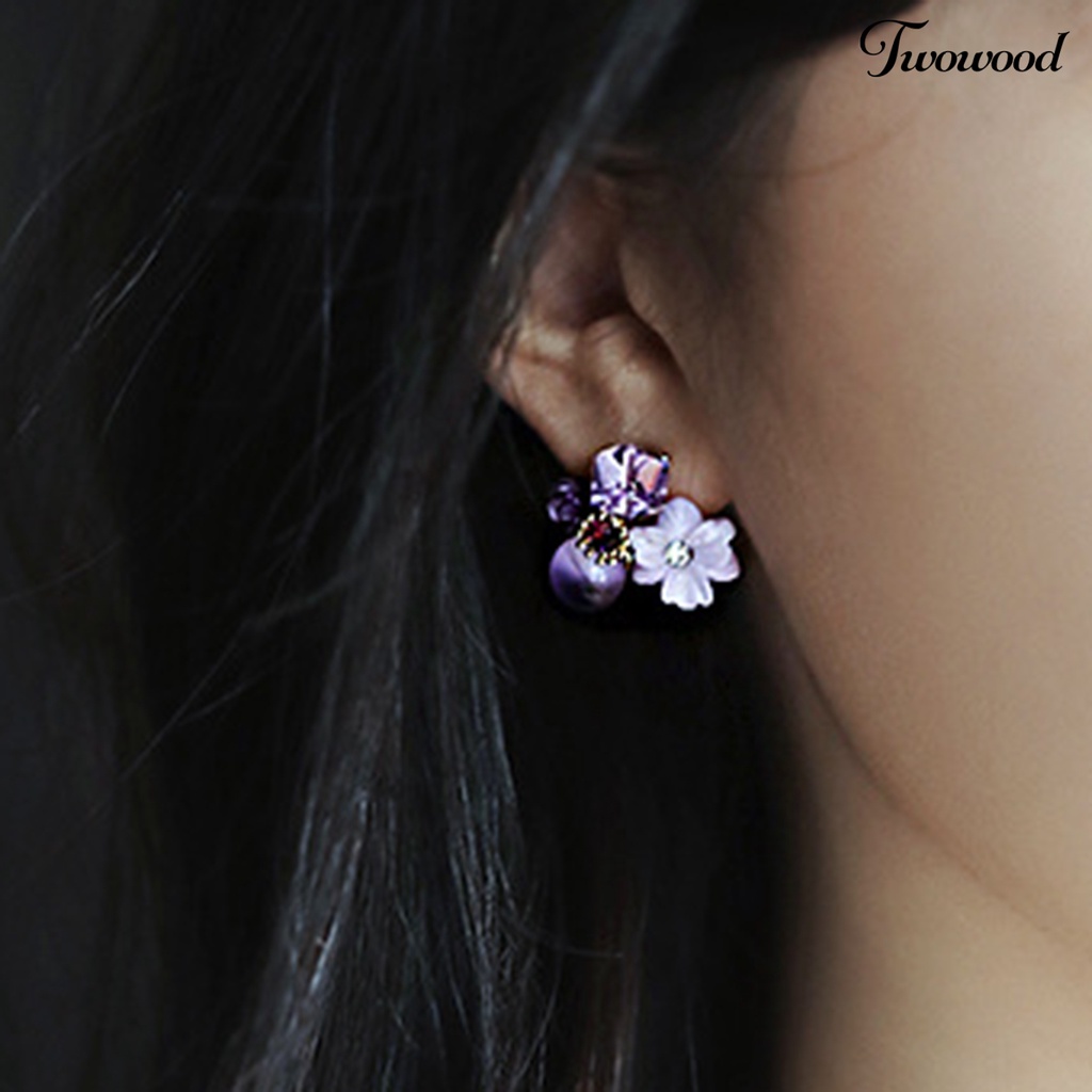 Twowood 1 Pair Women Ear Studs Flower Rhinestone Jewelry Cubic Faux Crystal Stud Earrings for Dating