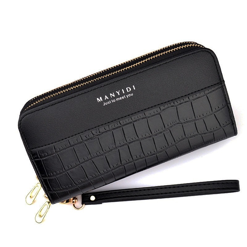 DOMPET WANITA 2 RESLETING PANJANG KULIT CROCO PREMIUM KEKINIAN HITAM BELGIAN WA332B5 PESTA KOREA TALI PENDEK KARTU REMAJA MURAH IMPORT