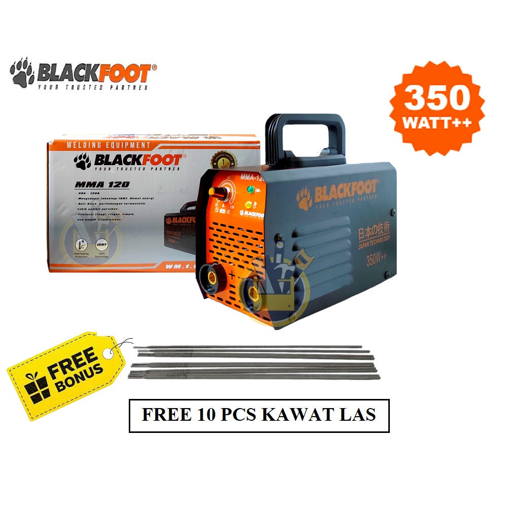 BLACKFOOT Mesin Las Inverter MMA120 350watt Trafo Las Mma 120 A 350 watt Welding Inverter Travo Trafo Mesin Las Listrik Inverter FREE 10 PCS KAWAT LAS