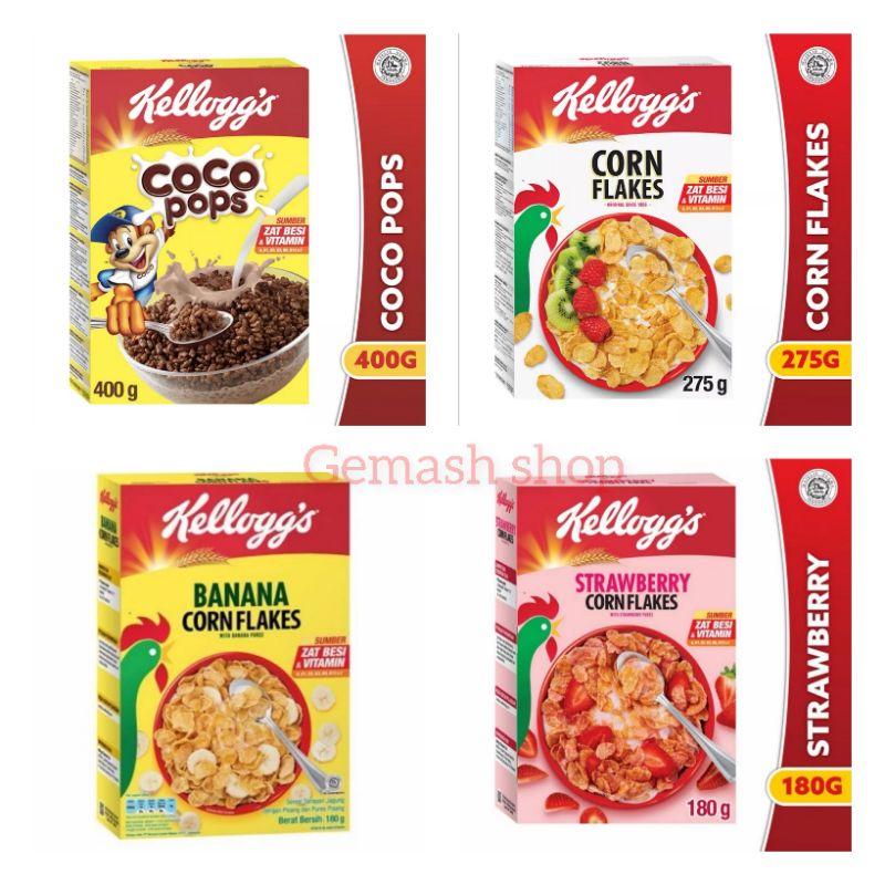 

kelloggs corn flakes 275gr / kelloggs coco pops 400gr/ kellogs strawberry corn flakes 180gr/ banana corn flakes 180gr