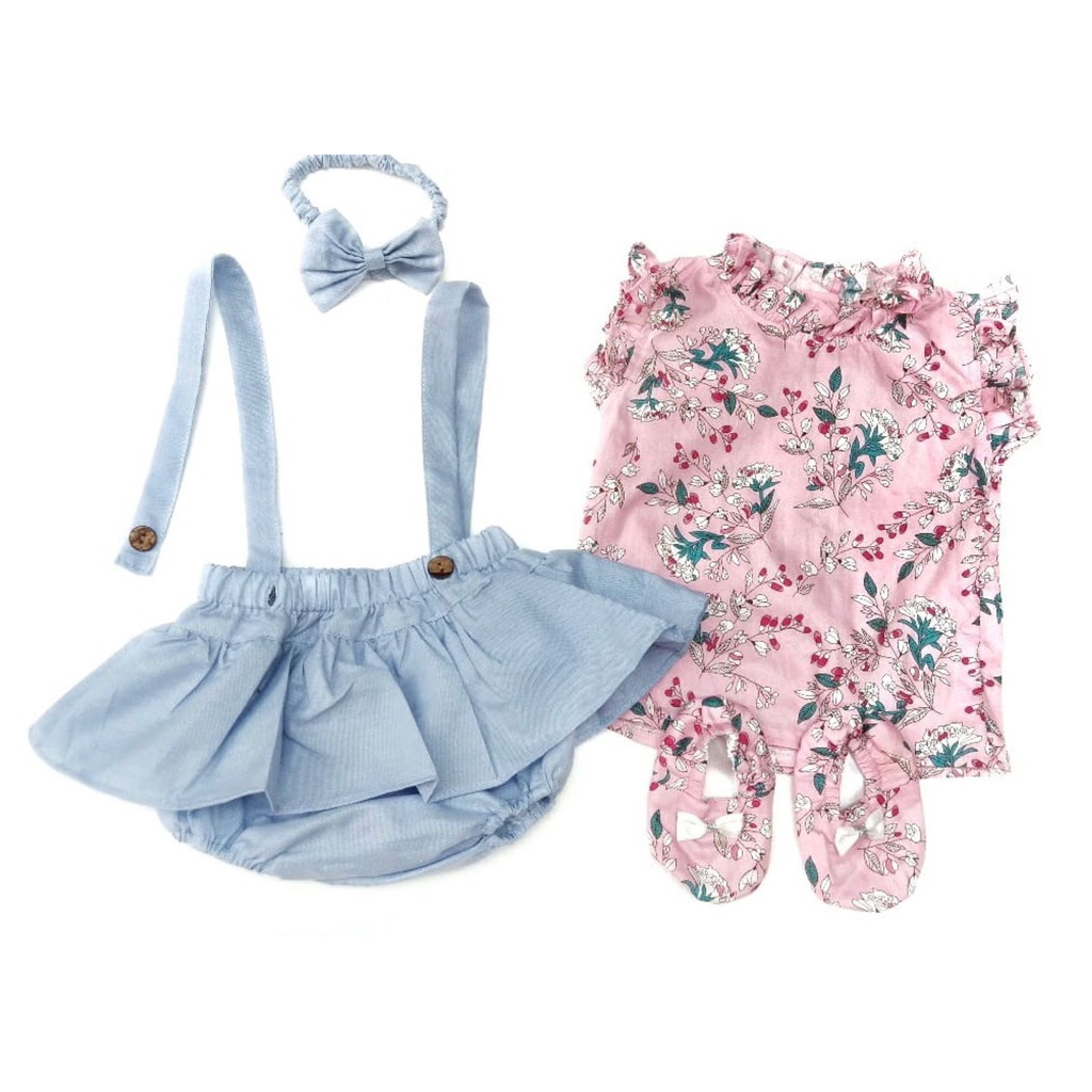 Hampers Talitha / Aiko / Clara / Gianna Baju Rok Overall Bandana Sepatu Giftset Kado Lahiran Anak Bayi Perempuan Lucu Terlaris Murah-Pink AIKO hampers