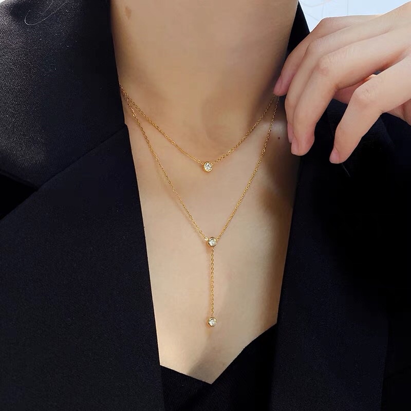 Kalung Titanium Premium Import Liontin 2 Layer Mata Tanam Diamond Aksesoris Fashion Wanita Korea Pesta Awet Anti Karat  Aksesoris Wanita Perhiasan Korea  Perhiasan wanita /  Kalung  wanita terbaru kekinian /  Kalung  emas wanita /  Kalung  tangan wanita /