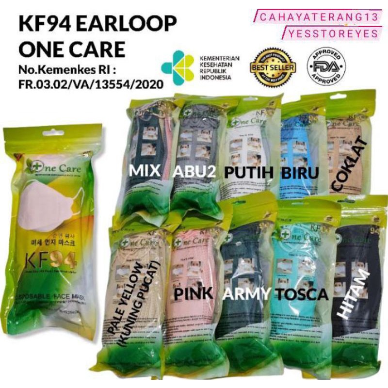 READY MASKER KF ONECARE EARLOOP KF94 CANTOL KUPING ISI 20 LBR WARNA PINK BIRU HITAM PUTIH ARMY COKLAT ONE CARE NECARE