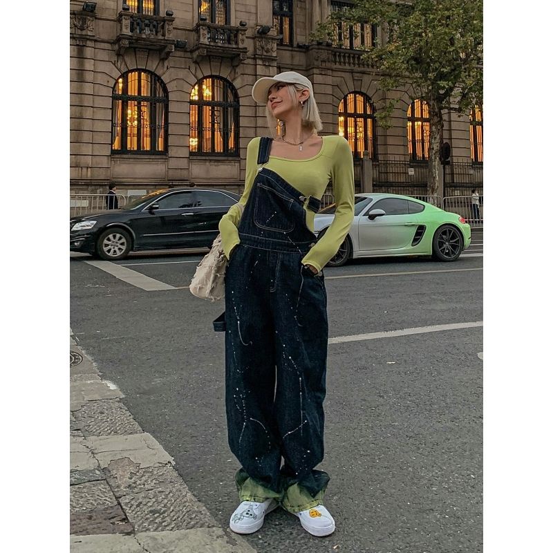 Kunbai ink suspender jeans wanita Amerika retro longgar lurus celana lebar kaki ins celana ramping w