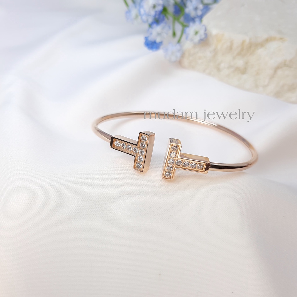 Gelang Lentur Bentuk T Double Dengan Diamonds Artifisial Warna Rose Gold, Gold dan Silver