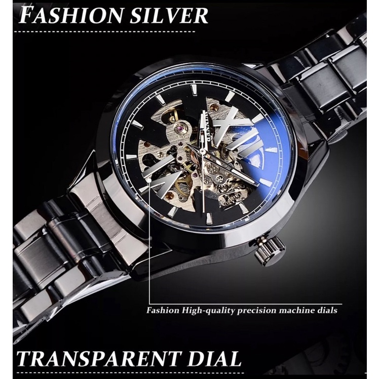 Jam Tangan Automatic Winner Sporty Bisnis Mewah All Black Stainless Steel