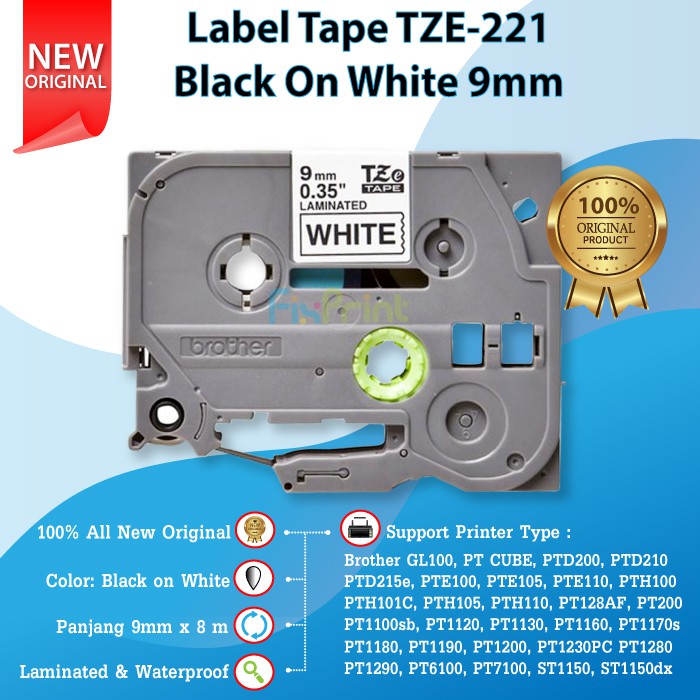 Label Tape Brother Original TZE-221 TZE 221 Casette Black on White 9mm