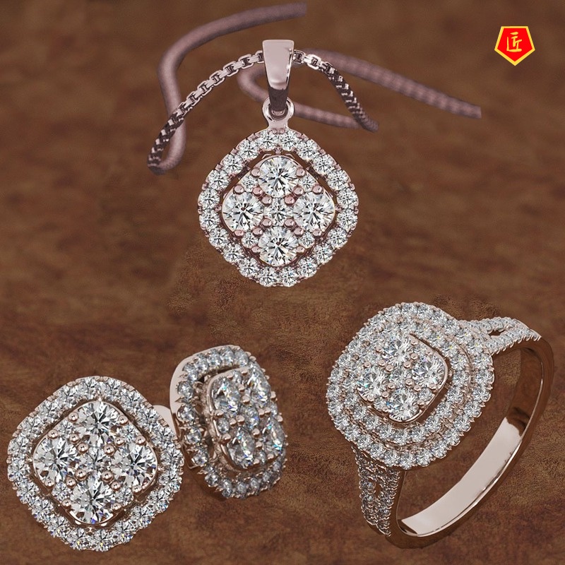 [Ready Stock]Full Diamond round Rings Ear Studs Necklace Three-Piece Set