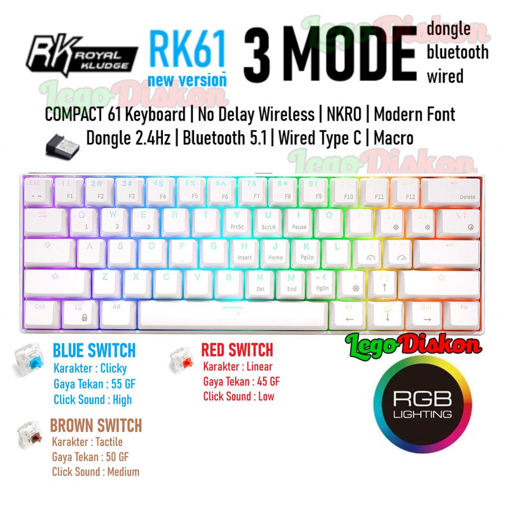 ROYAL KLUDGE RK61 Wireless Bluetooth Mechanical Keyboard