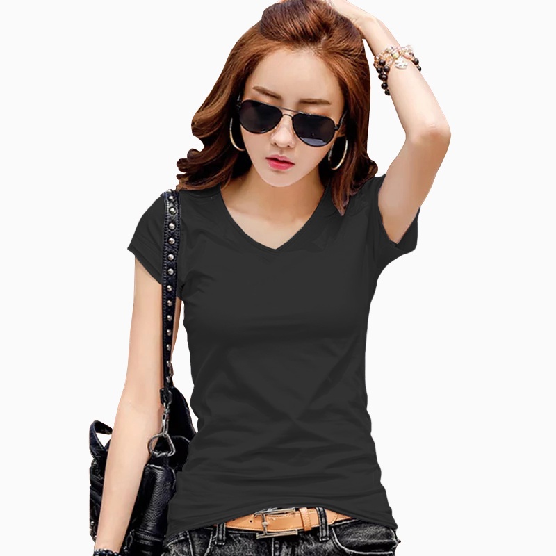 Kaos Tshirt Leher V tangan pendek Gaya Korea - XSHOP Femmy