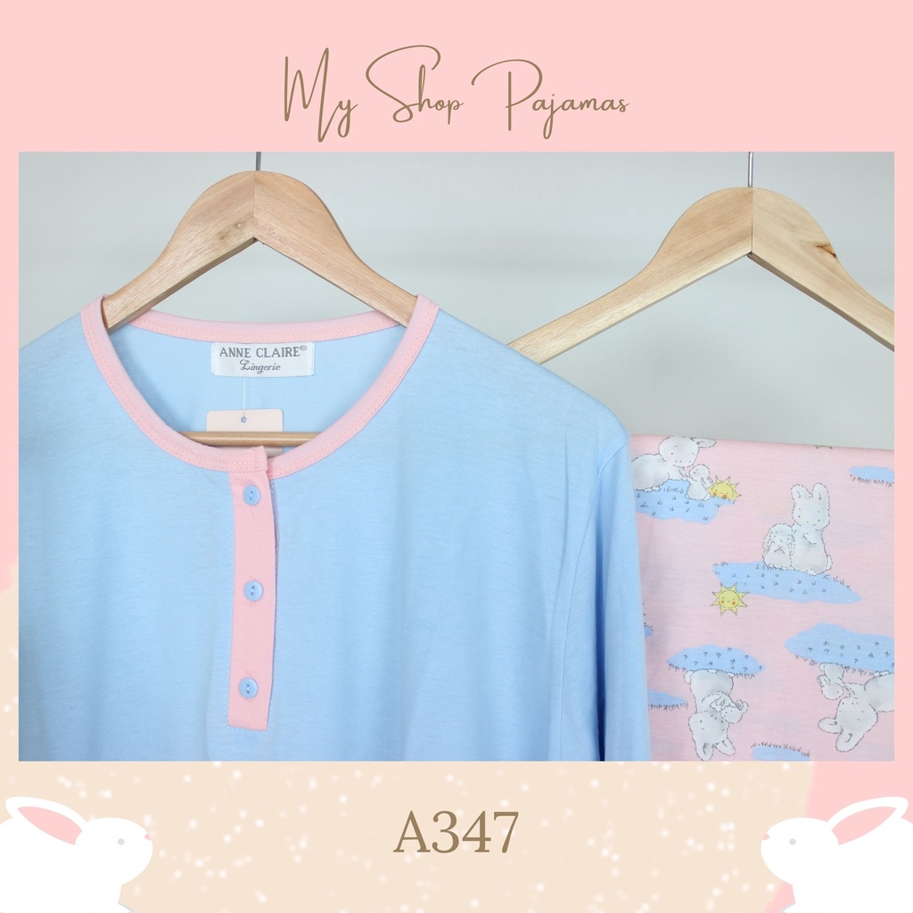 BAJUTIDUR PIYAMA BIGSIZE ALL SIZE JUMBO XL 2L TANGAN LENGAN PENDEK CELANA PANJANG ANNE CLAIRE BABYDOLL SETELAN WANITA DEWASA SLEEPWEAR PAJAMAS CP CPBIG-A347 Biru