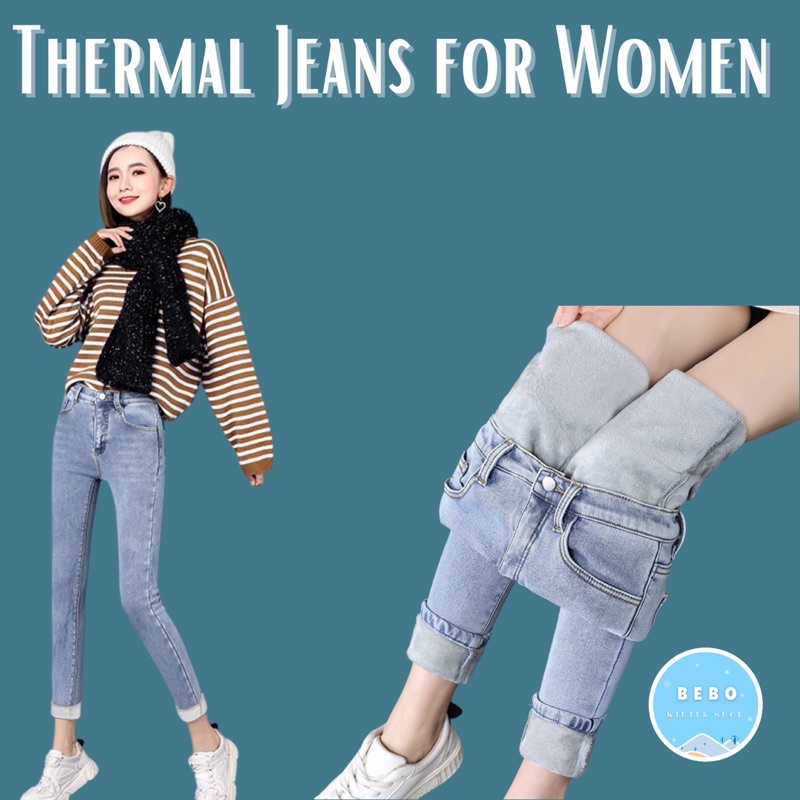 Celana Jeans Thermal Wanita Winter Denim Pants