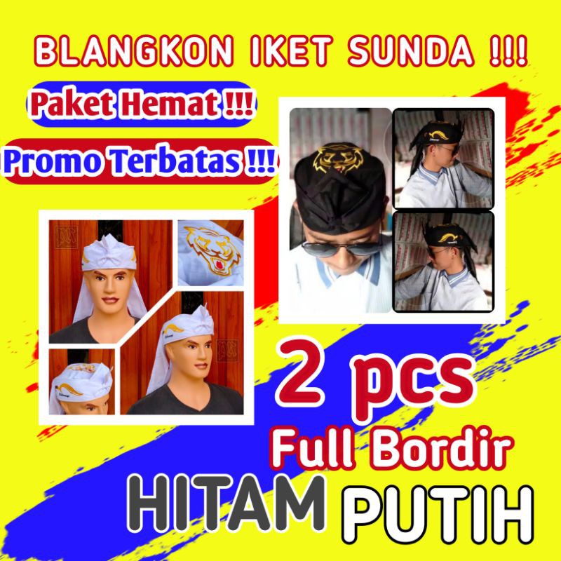 Blangkon Iket Sunda Siliwangi Dewasa Bordir Kujang Macan Putih Hitam 2pcs Paket Hemat Blangkon Sunda