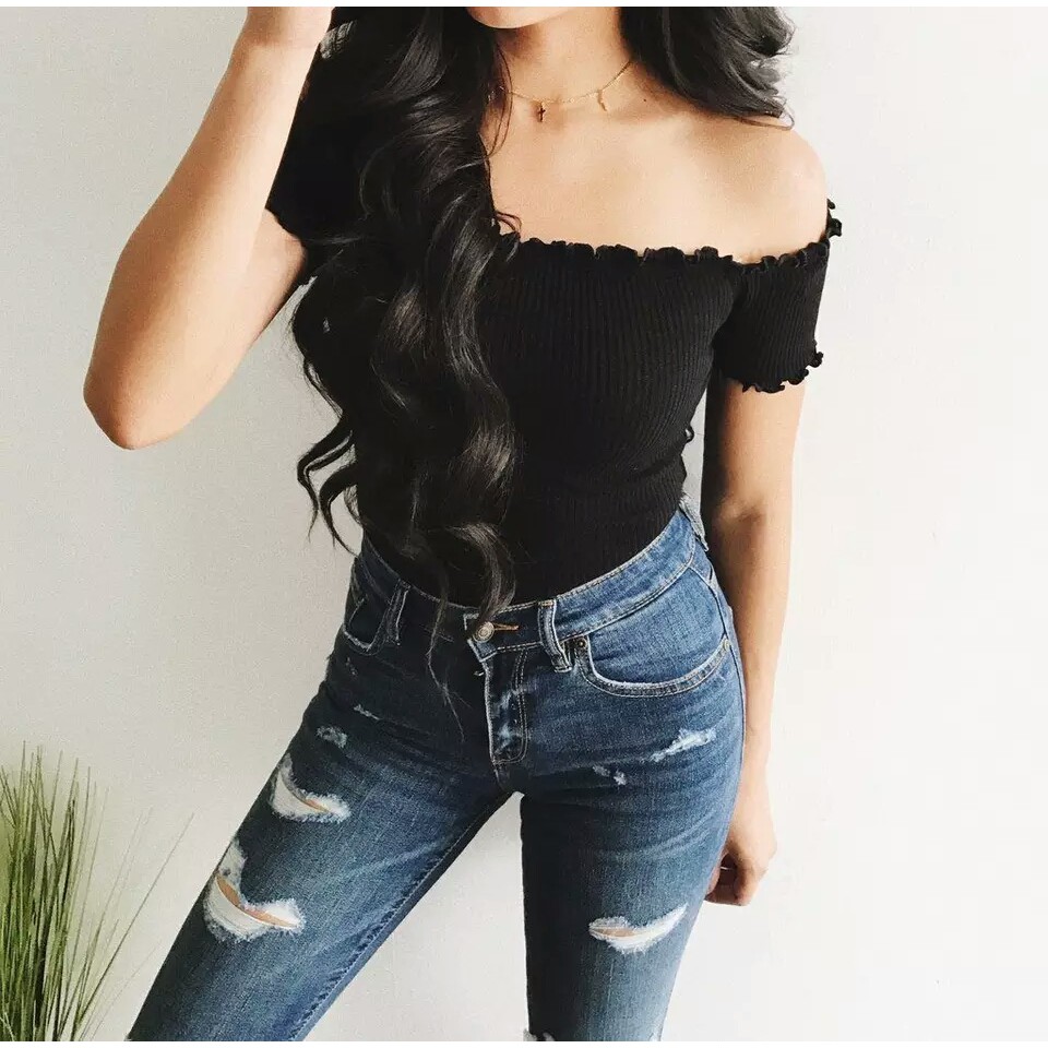 𝑱𝒂𝒌𝒂𝒓𝒕𝒂𝑭𝒂𝒔𝒉𝒊𝒐𝒏 sabrina crop top knit off shoulder jangkis rajut import halus atasan sexsi elegan