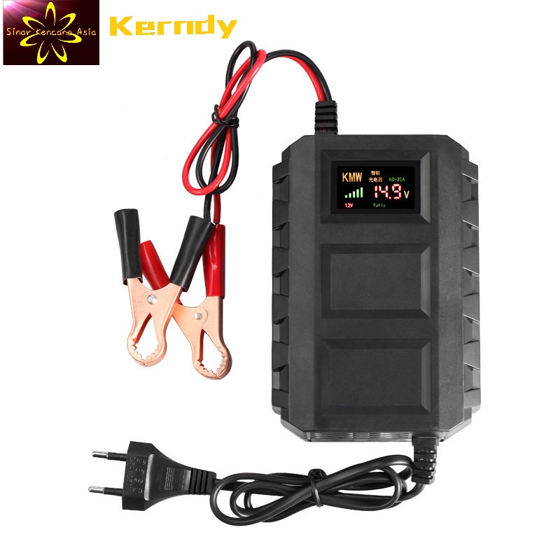 KERNDY Charger Aki Mobil Truk LCD Layar 12V 20AH-120AH Otomatis/Smart Fast Charger Aki 12V 20A