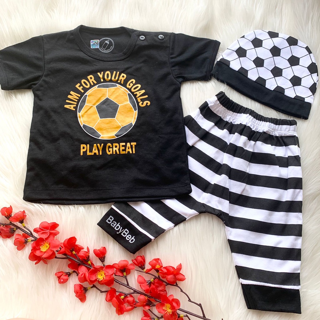 Baju setelan kaos celana topi gambar bola lucu fashion trend anak bayi cowok laki-laki murah -gre