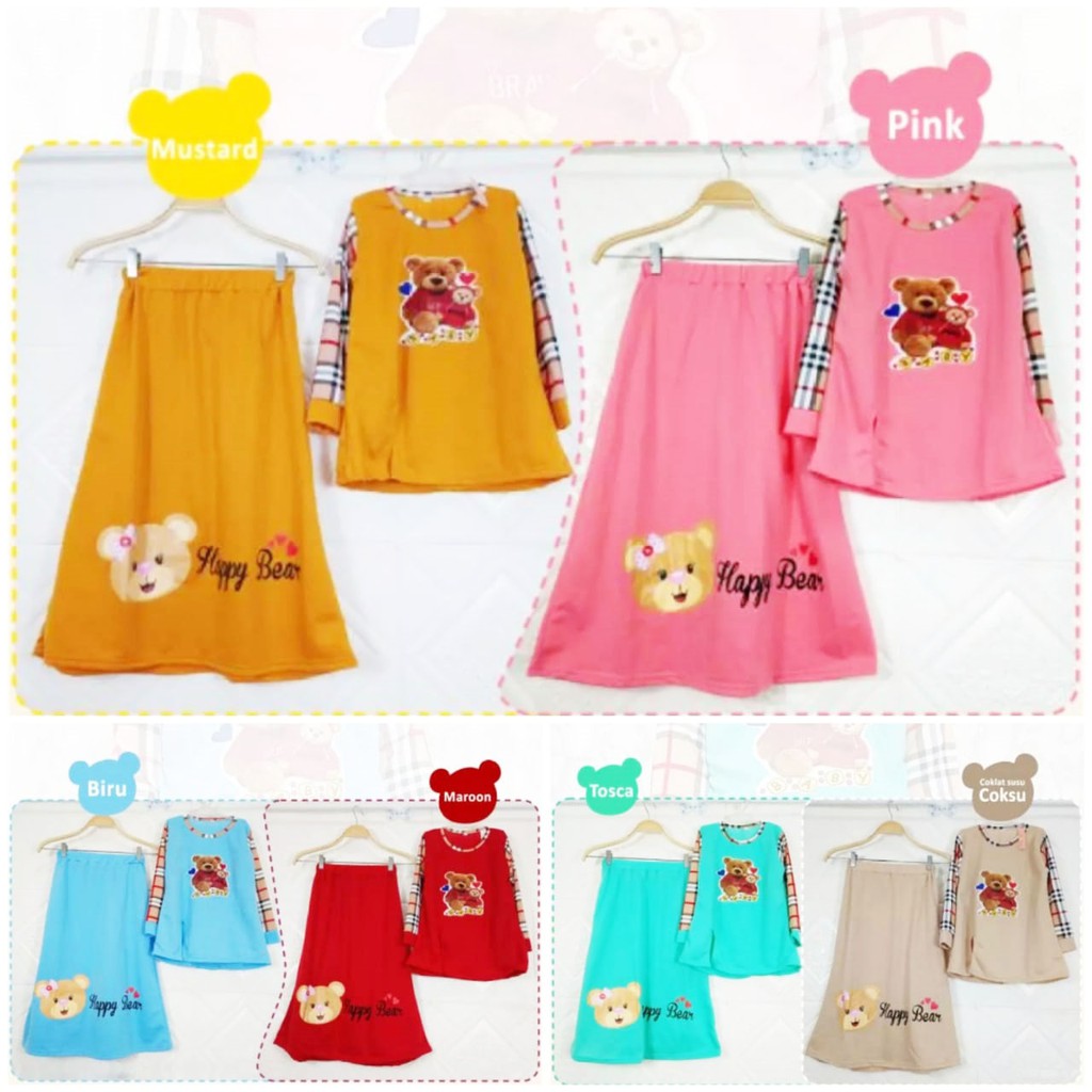SET BAJU DAN ROK HAPPY BEAR ANAK SETELAN 4-12tahun CARLINA