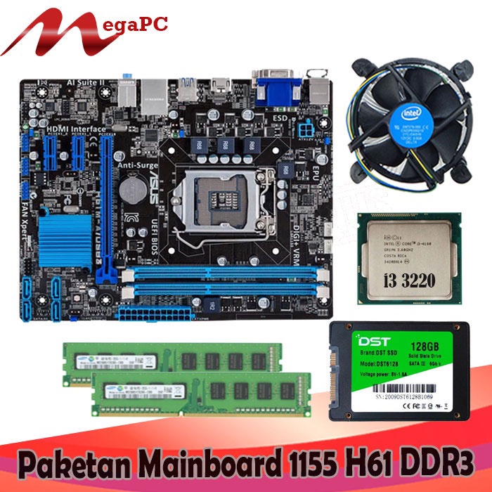 Paket Mainboard 1155 H61 DDR3 + Core i3 3220 + Ram 8GB+ SSD 128GB