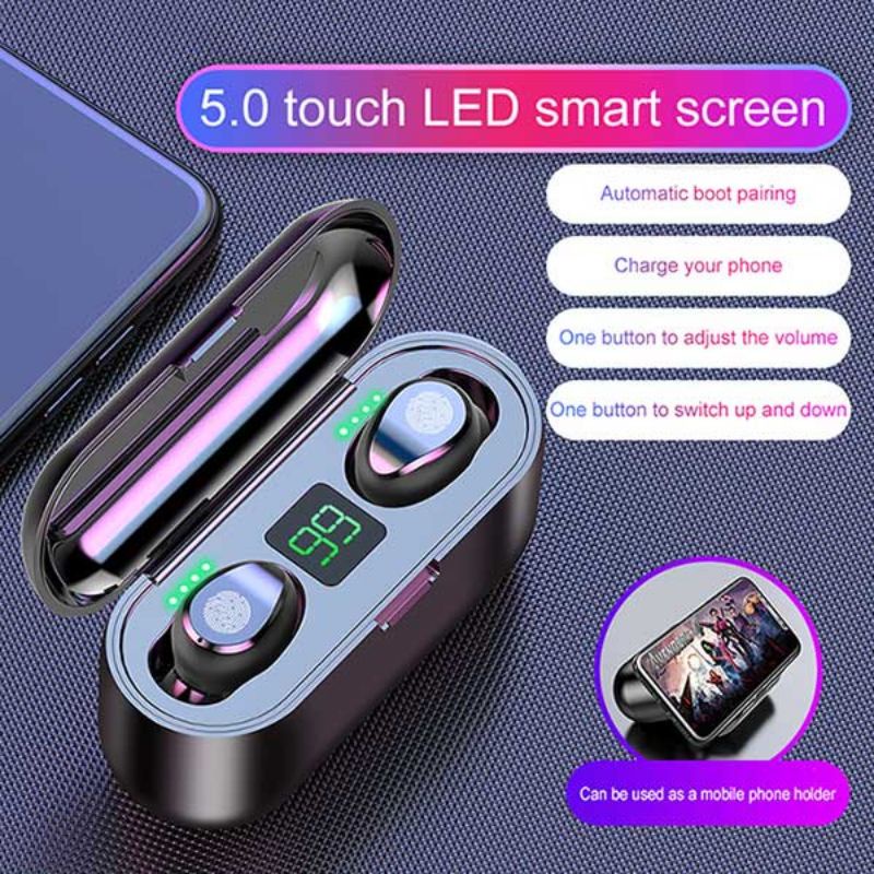 F9 Earphone Bluetooth Tws Nirkabel Power Bank 2200mAh Headphone Display Headset Bluetooth 5.0 Dengan Mikrofon Wireless Kontrol