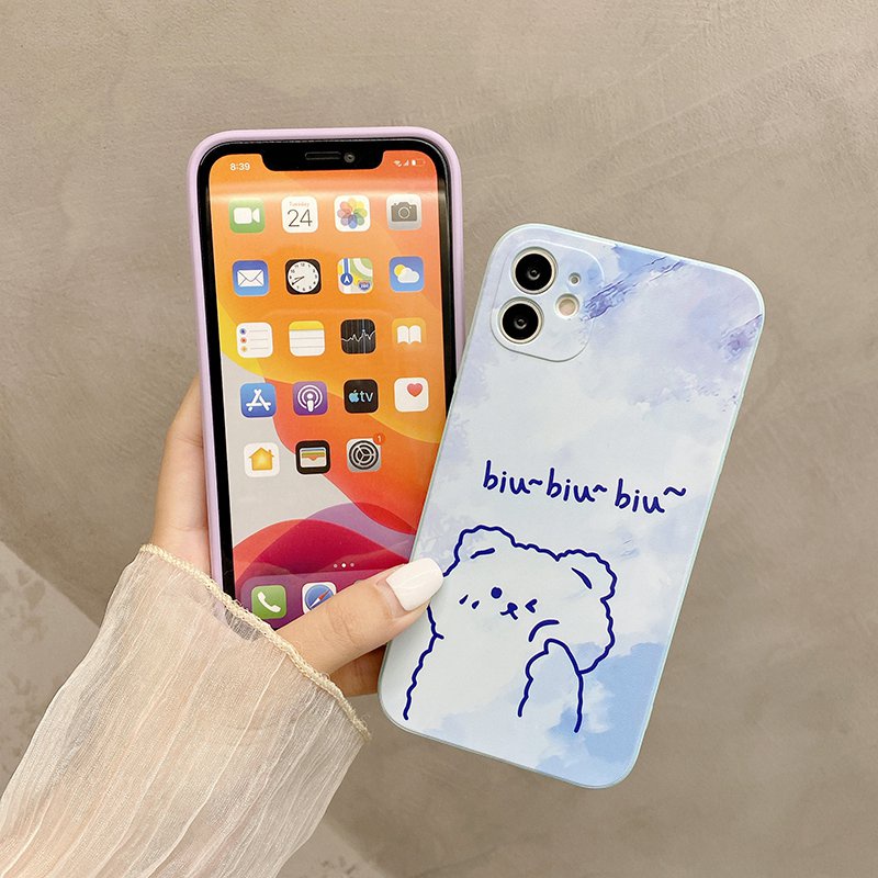 Cube Frosted Silicone Case iPhone 6S 7 8 Plus XR XS Max ipHone 11 12 13 Pro Max Casing Cute Xiaomi Redmi 9A 9T nOTE 8 9 10 Pro Cartoon Back Cartoon Bear Protect Case Girl Fashion