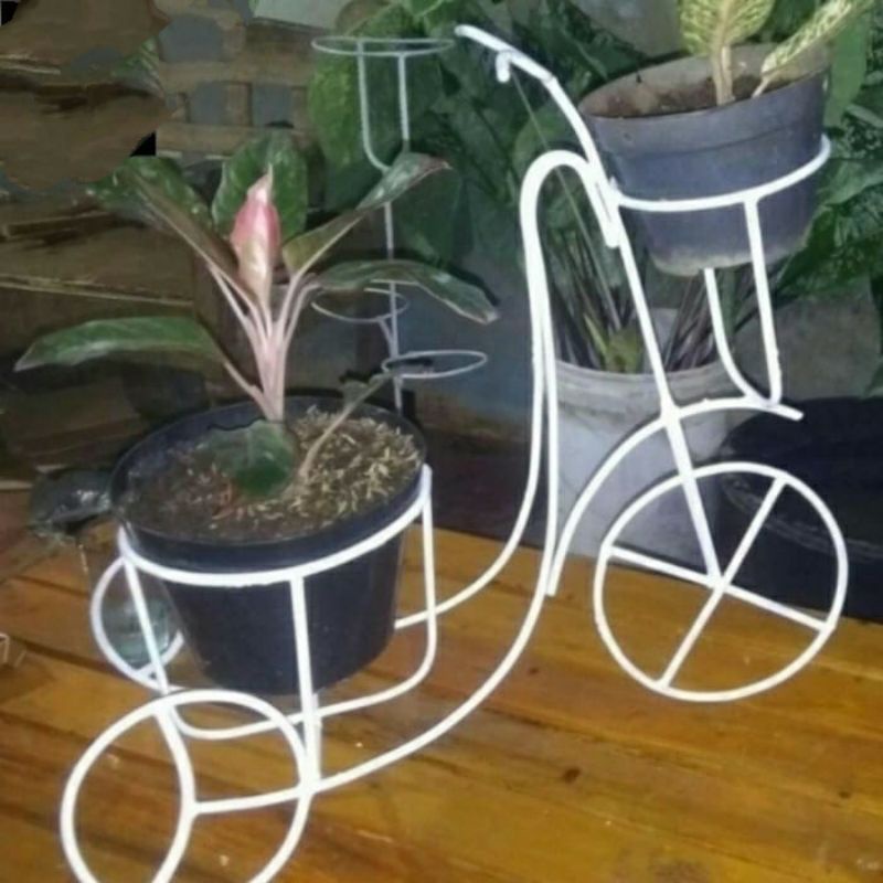 Standing rak pot model sepeda warna putih,bonus pot tawon ukuran 18cm 3buah