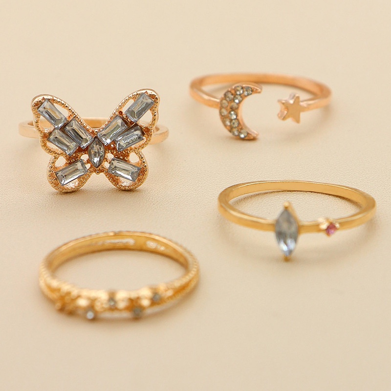 4pcs / set Cincin Model butterfly Terbuka Desain Bintang Bulan Mata Kuda Aksen Berlian Imitasi