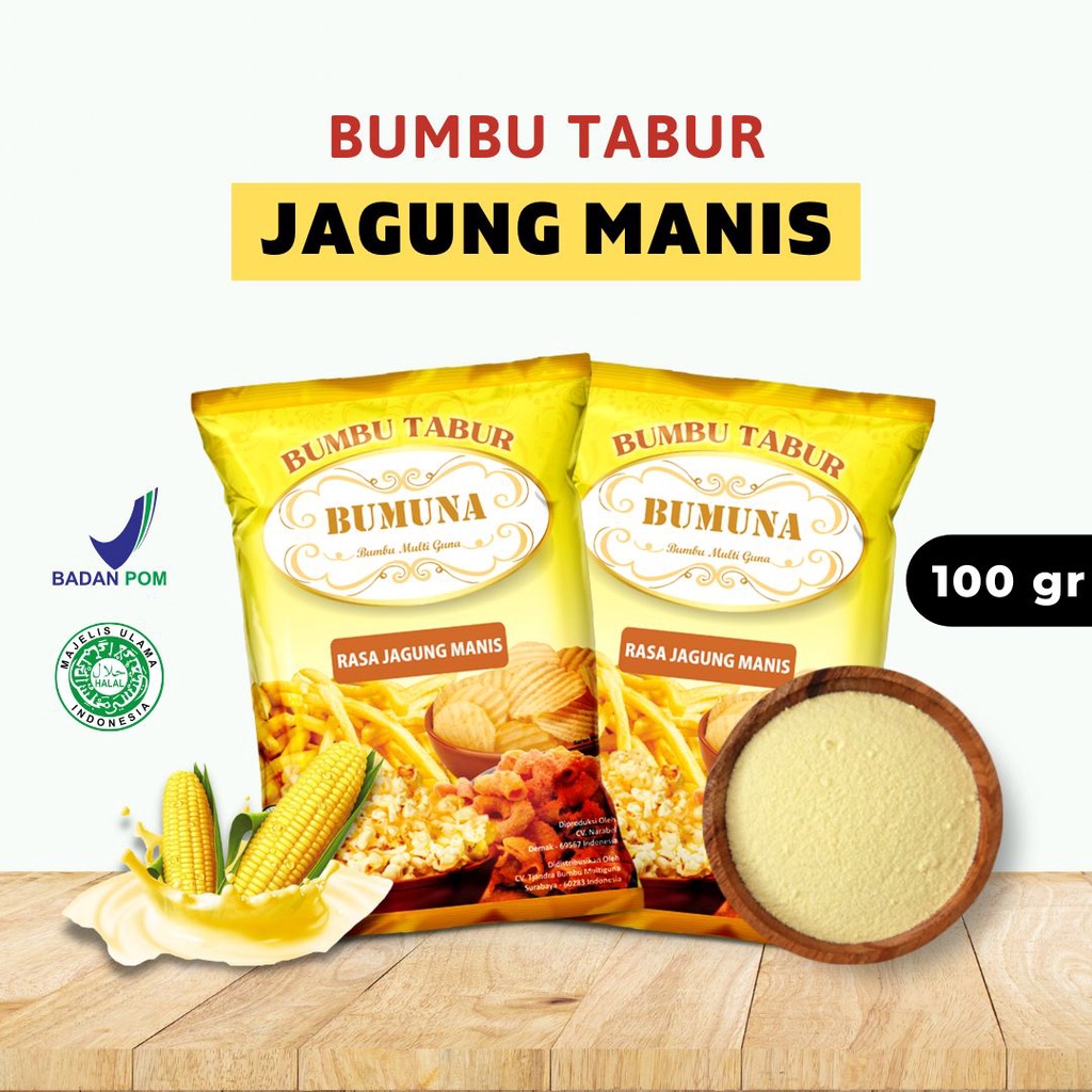 

Bumbu Tabur Jagung Manis 100 Gram Bumuna / Seasoning Powder / Serbuk Tabur / Bumbu Tabur Cemilan Keripik Kentang Makroni Mie Lidi