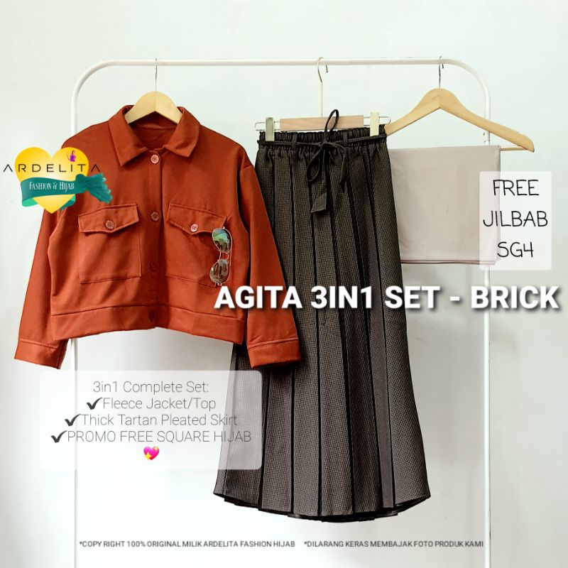 PROMO FREE JILBAB ORI 100% REAL PICT AGITA 3IN1 SET BAJU SETELAN WANITA HIJAB LEBARAN 2022 OOTD SELEGRAM BAJU VIRAL KEKINIAN MODEL TERBARU SETELAN UNTUK WANITA REMAJA-AGITA - BRICK