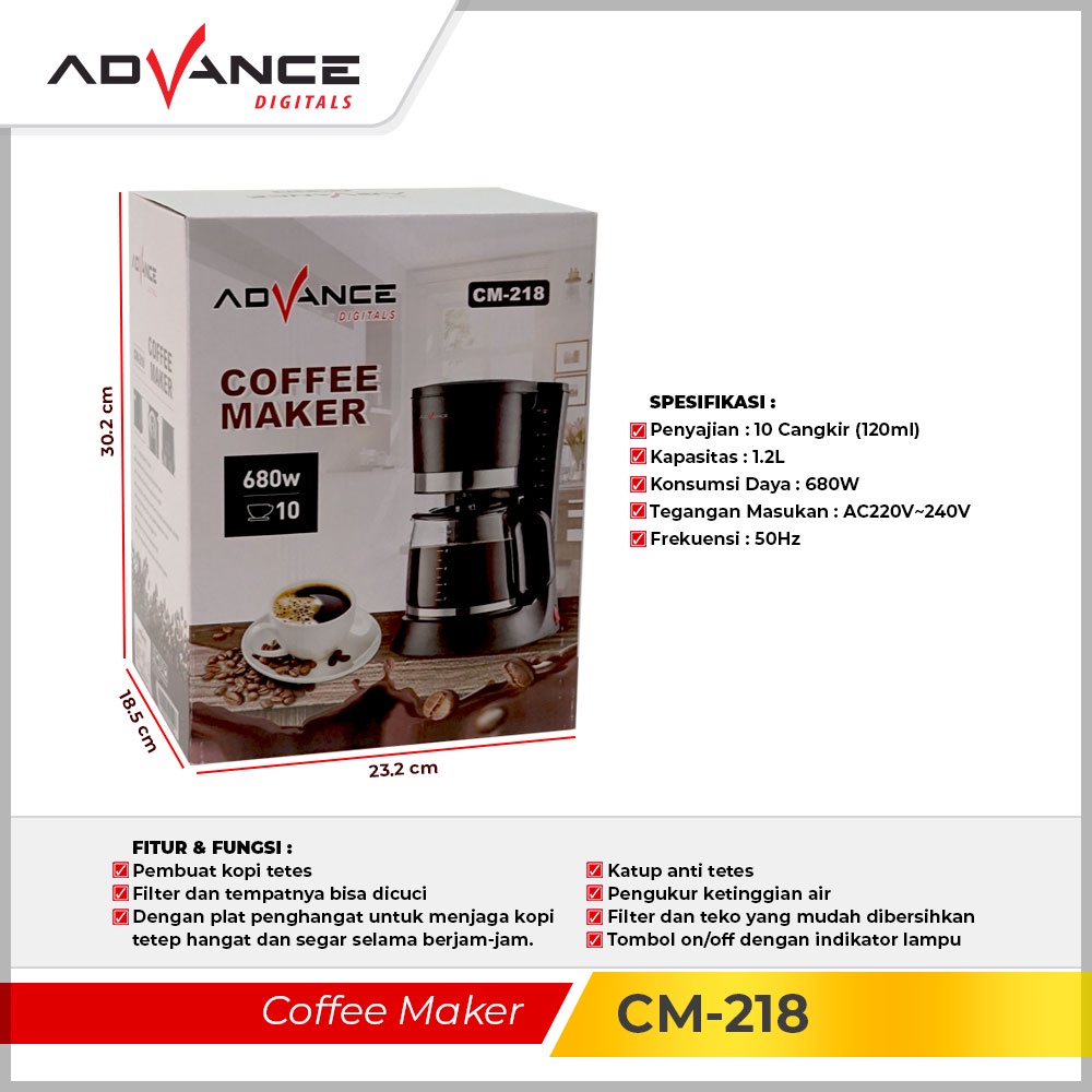 Advance Digitals Coffee Maker 1.2L Mesin Pembuat Kopi CM-218 Garansi Resmi Advance Digitals 1 Tahun I Hitam