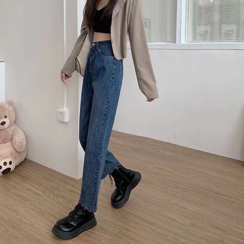 Jeans Biru Cropped Longgar Pinggang Tinggi Baru Untuk Wanita