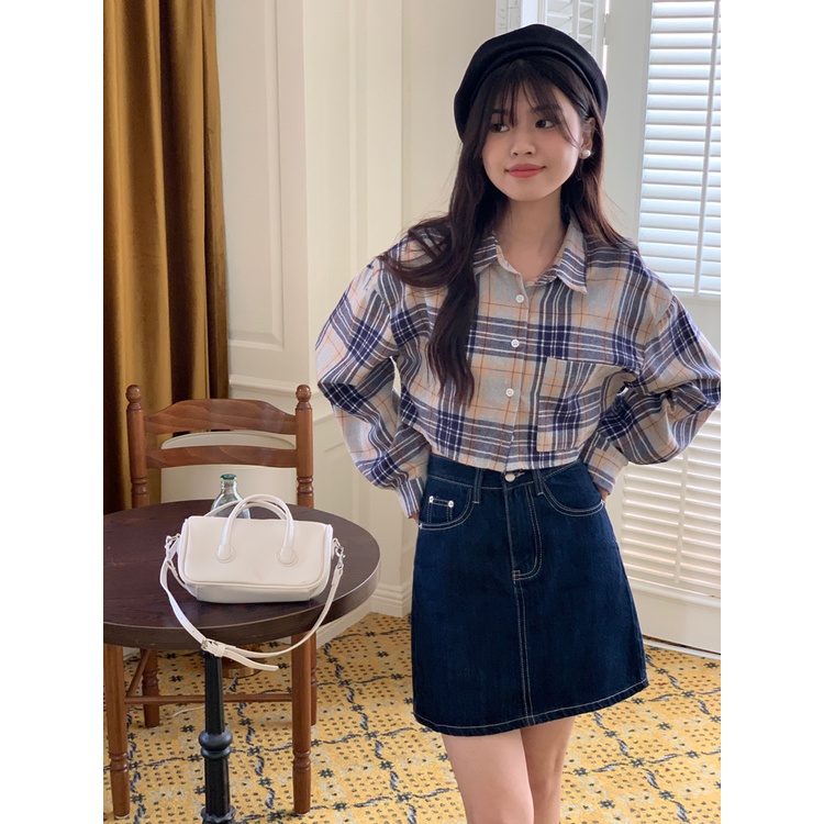 Kemeja Kotak kotak Wanita Casual Lengan Panjang Korean Style Blouse Import Shirt Crop Baju Wanita Kekinian